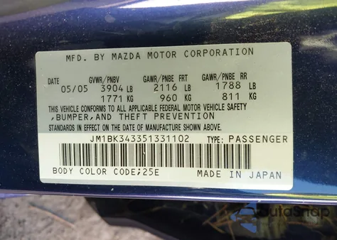 2005 Mazda Mazda3 S from USA, damaged, VIN JM1BK343351331102